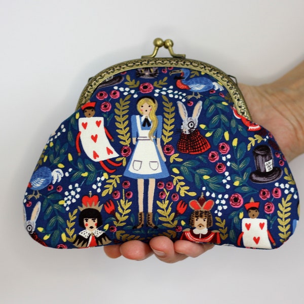 Alice in Wonderland Coin Purse Wallet Metal Frame Clutch Bag Cosmetic Makeup Kiss Lock Clasp / Cotton Fabric by Rifle Paper / Medium Size