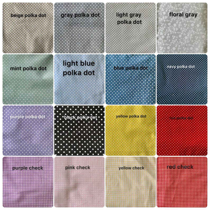 May include: A grid of sixteen fabric swatches featuring various patterns and colors. The collection includes beige, gray, light gray, mint, light blue, blue, navy, purple, black, yellow, and red polka dots, a floral gray print, and purple, pink, yellow, and red checks.
