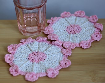 Flowers Crochet Coasters for Cup Set of 2 Potholders Handmade Colorful Mini Doily Bohemian Centerpiece Boho Table Placemats Coffee Table