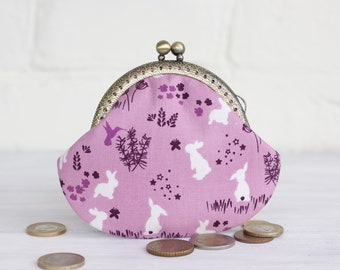 Coin Purse Bunny Rabbit Violet Metal Frame Change Pouch, Small Coin Purse Wallet Woodland Print Animal