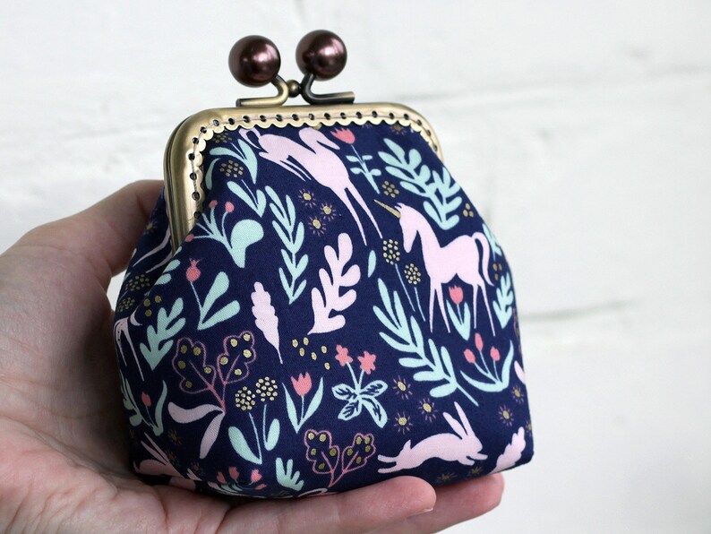 small wallet woodland unicorn purse Magic Metallic Navy Folk Unicorn Coin Purse Metal frame Pink Blue bobbles Kiss lock Change purse