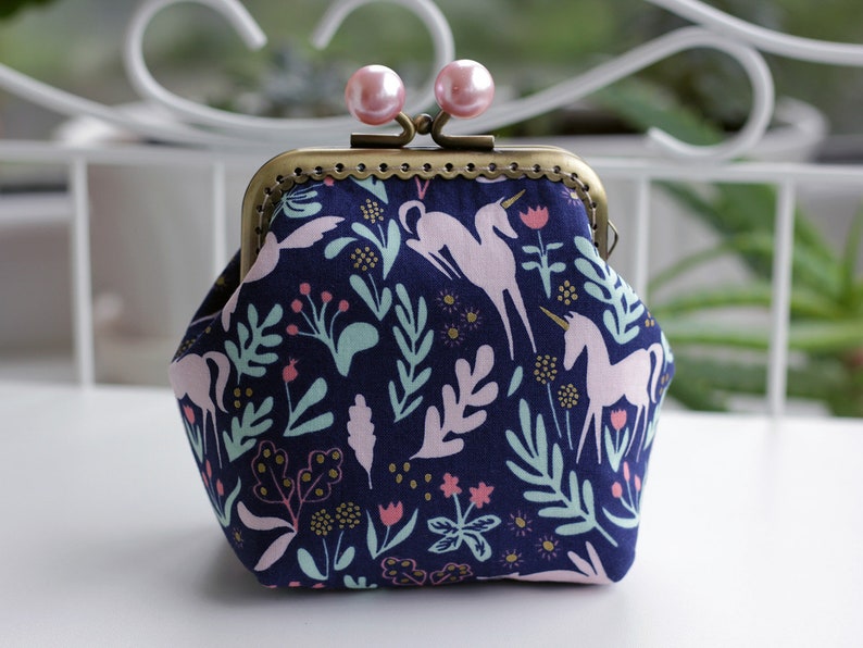small wallet woodland unicorn purse Magic Metallic Navy Folk Unicorn Coin Purse Metal frame Pink Blue bobbles Kiss lock Change purse