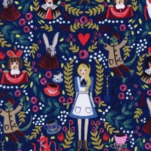 May include: A fabric with a repeating pattern featuring characters and elements from Alice in Wonderland. The design includes Alice, the White Rabbit, teacups, roses, and other whimsical illustrations on a dark blue background.