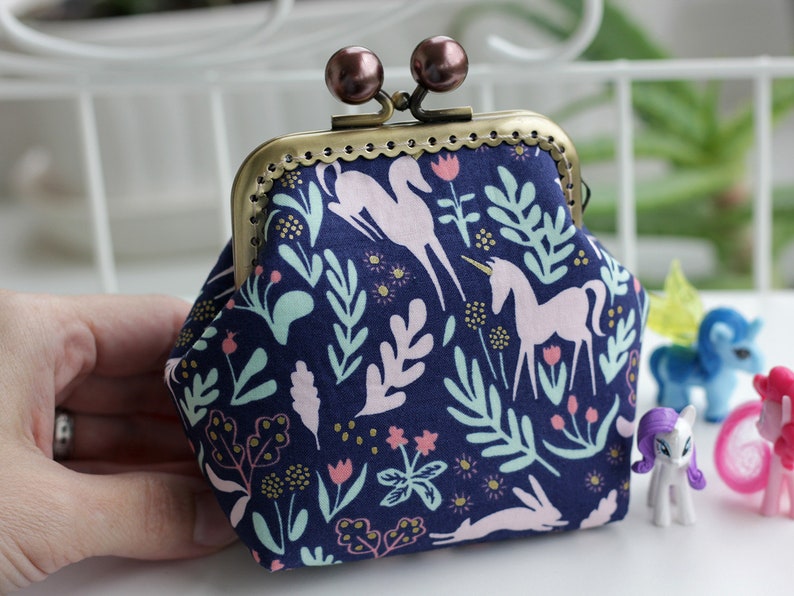 small wallet woodland unicorn purse Magic Metallic Navy Folk Unicorn Coin Purse Metal frame Pink Blue bobbles Kiss lock Change purse