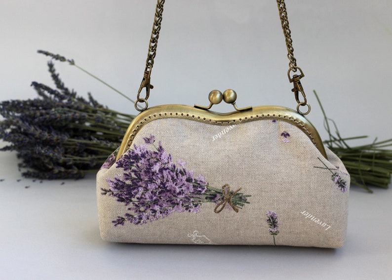 Lavender Clutch Purse Linen Bag Kiss Lock Clasp Shoulder Etsy