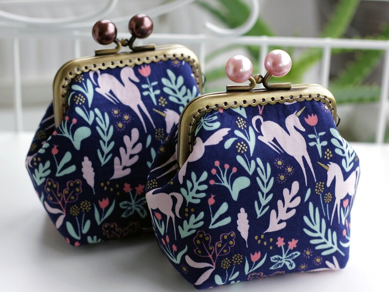 small wallet woodland unicorn purse Magic Metallic Navy Folk Unicorn Coin Purse Metal frame Pink Blue bobbles Kiss lock Change purse