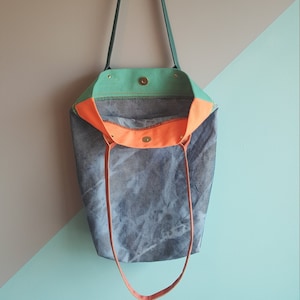 Bleached Denim Tote Bag Leather Handles Neon Denim Handbag Denim Bag image 1