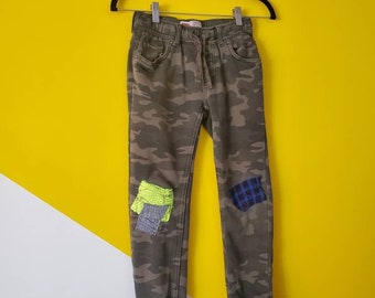 Kid's Upcycled Patched Levis Pants - Camo Print - One of a kind - Sustainable Streetwear - 8-10 - Neon - Gender Neutral - Reworked