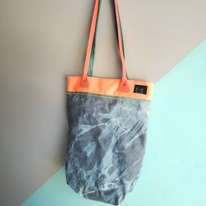 Bleached Denim Tote Bag Leather Handles Neon Denim Handbag Denim Bag image 3