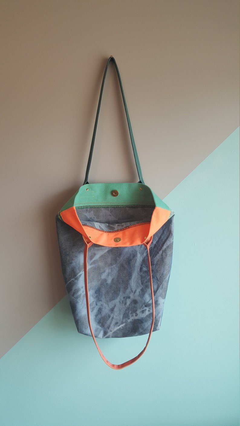 Bleached Denim Tote Bag Leather Handles Neon Denim Handbag Denim Bag image 1