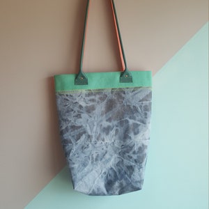 Bleached Denim Tote Bag Leather Handles Neon Denim Handbag Denim Bag image 2