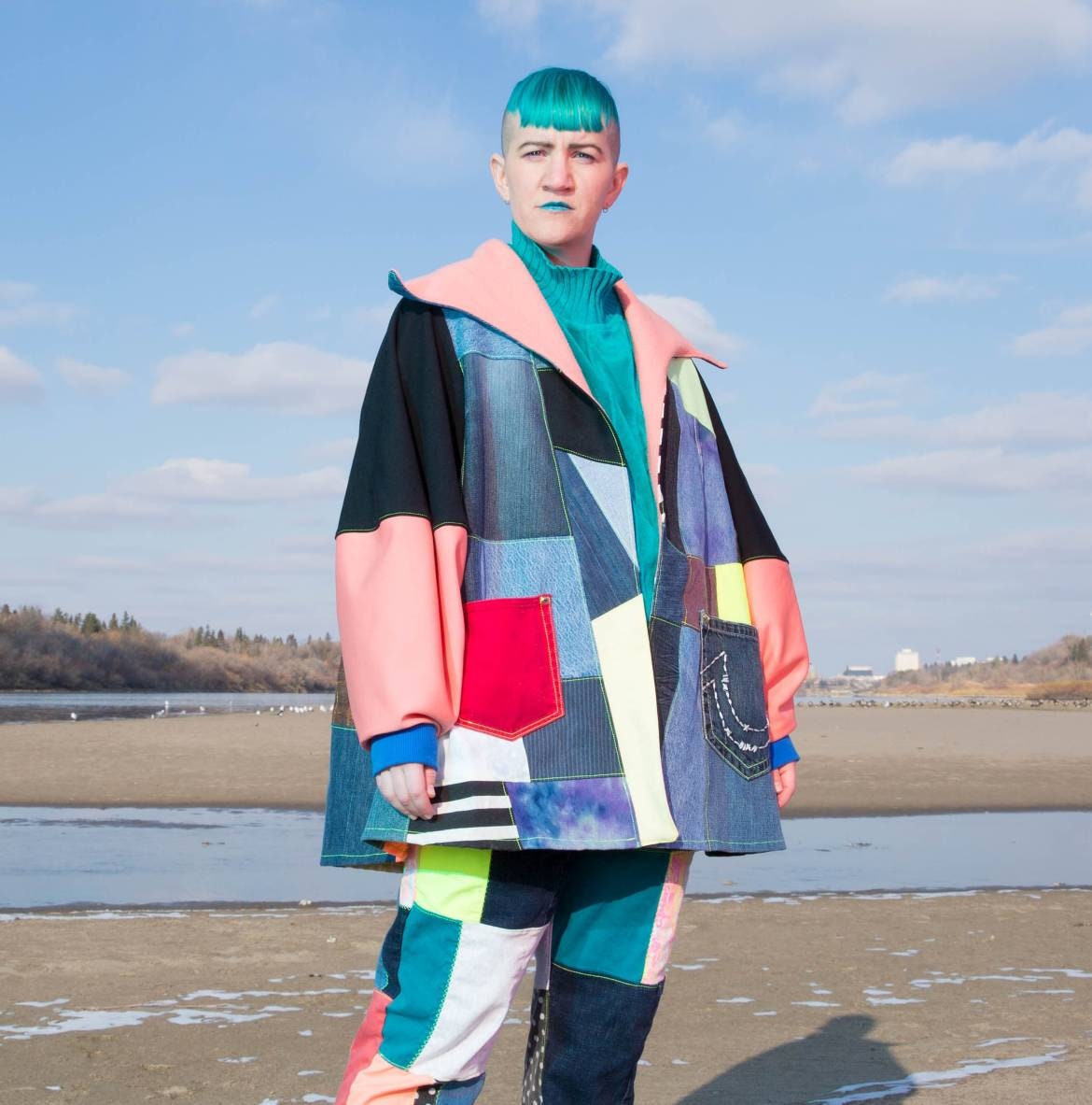 Oversized Patchwork Jacket - Upcycled Denim - Neon