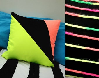 Neon Pillow - Eclectic Cushion Cover - 15x15 - Yarn Home Decor - Colorful Throw Pillow - Handmade - One of a kind - Gothic