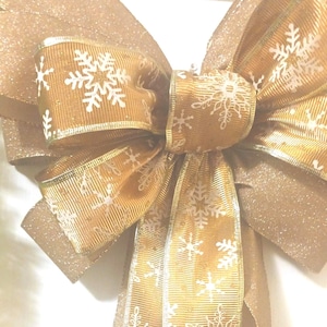 Gold Snowflake Print Wired Ribbon Bow, Tree Topper Bow, Bow for Wreath, Christmas Decoration, Gift Idea