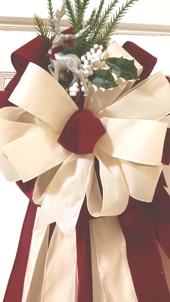 Extra Large Burgundy Velvet Christmas Tree Bow Topper: Reindeer & Ivory Glitter, Front Door Decor
