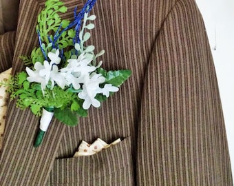 Groom Groomsman Boutonniere, White Flower Fern Wedding Accessory, Navy Blue Accent, Suit Flower