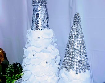 White & Silver Christmas Tree Cones: Beaded Holiday Decor (Set of 2), Table Decoration