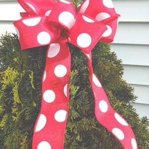 Red And White Polka Dot Bow, Christmas Tree Topper, Wired Ribbon Bow For Wreath, Tree Decoration, Garland Bow, Burlap Ribbon Bow