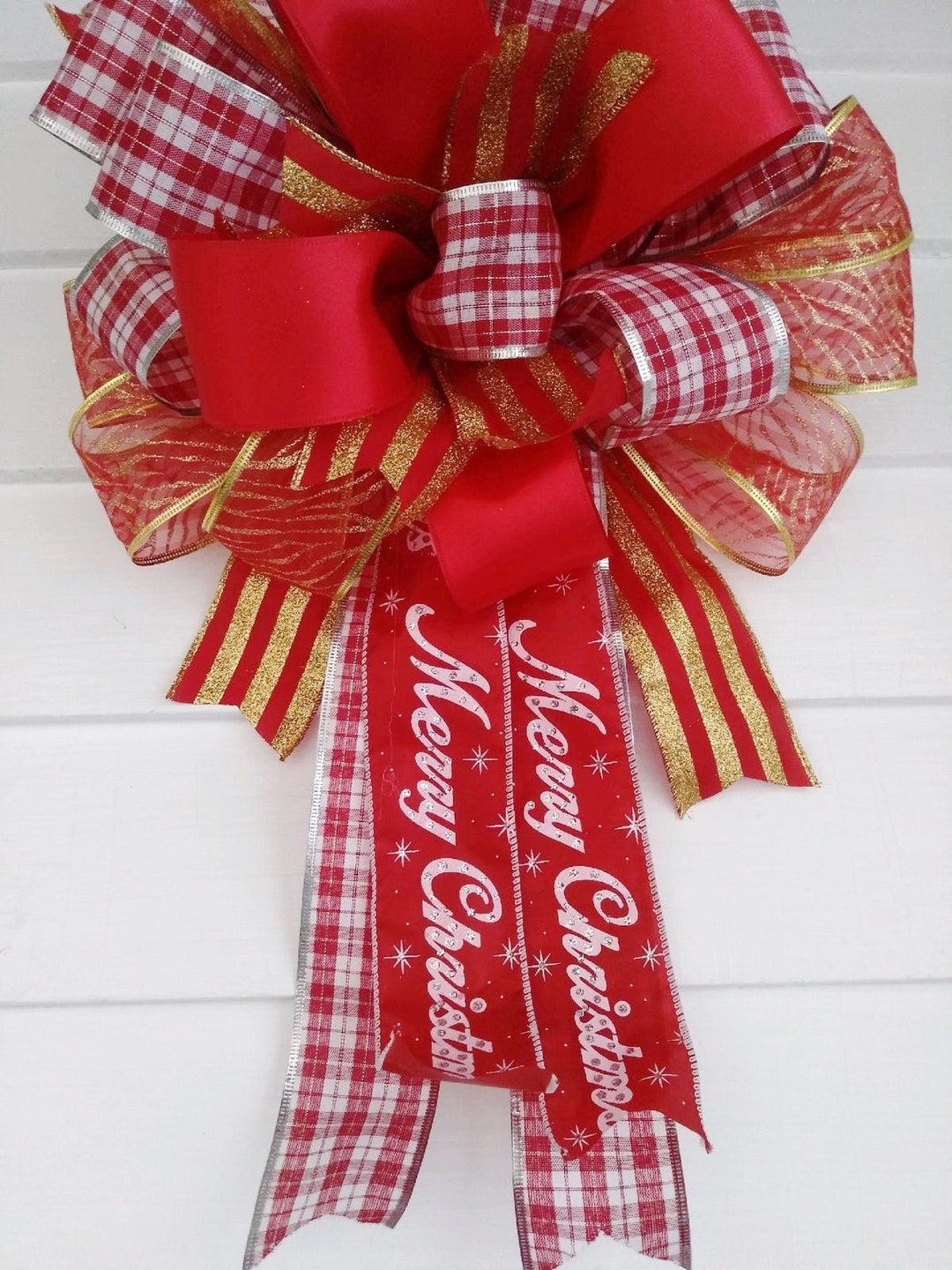 Red White and Gold Wired Ribbon Bow for Christmas Tree, Wreath Bow