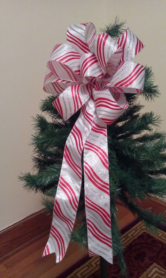 Red And White Christmas Tree Topper Holiday Bow Wreath Bow Etsy