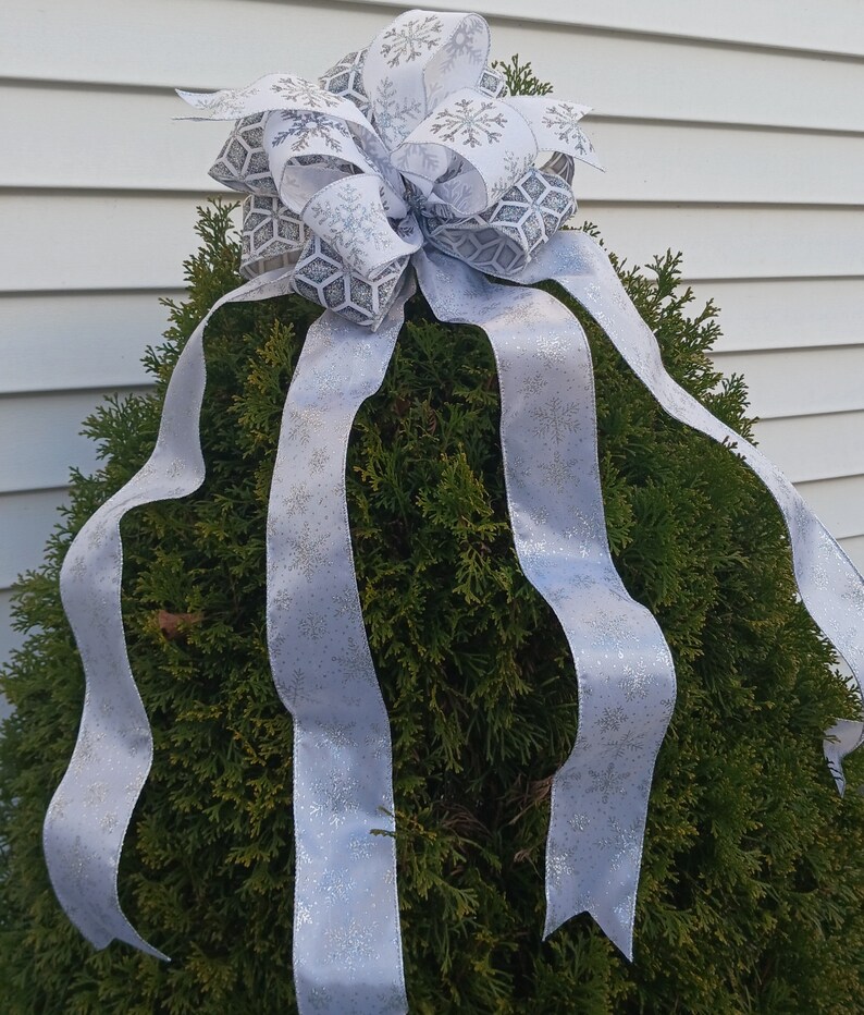 Silver and White Christmas Tree Bow Topper Bow Staircase Etsy