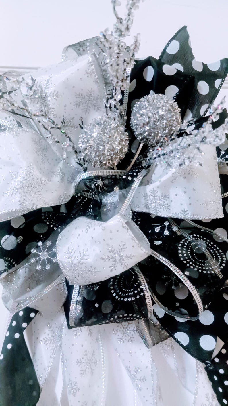 Black and White Polka Dot Christmas Tree Topper, Wired Ribbon Holiday