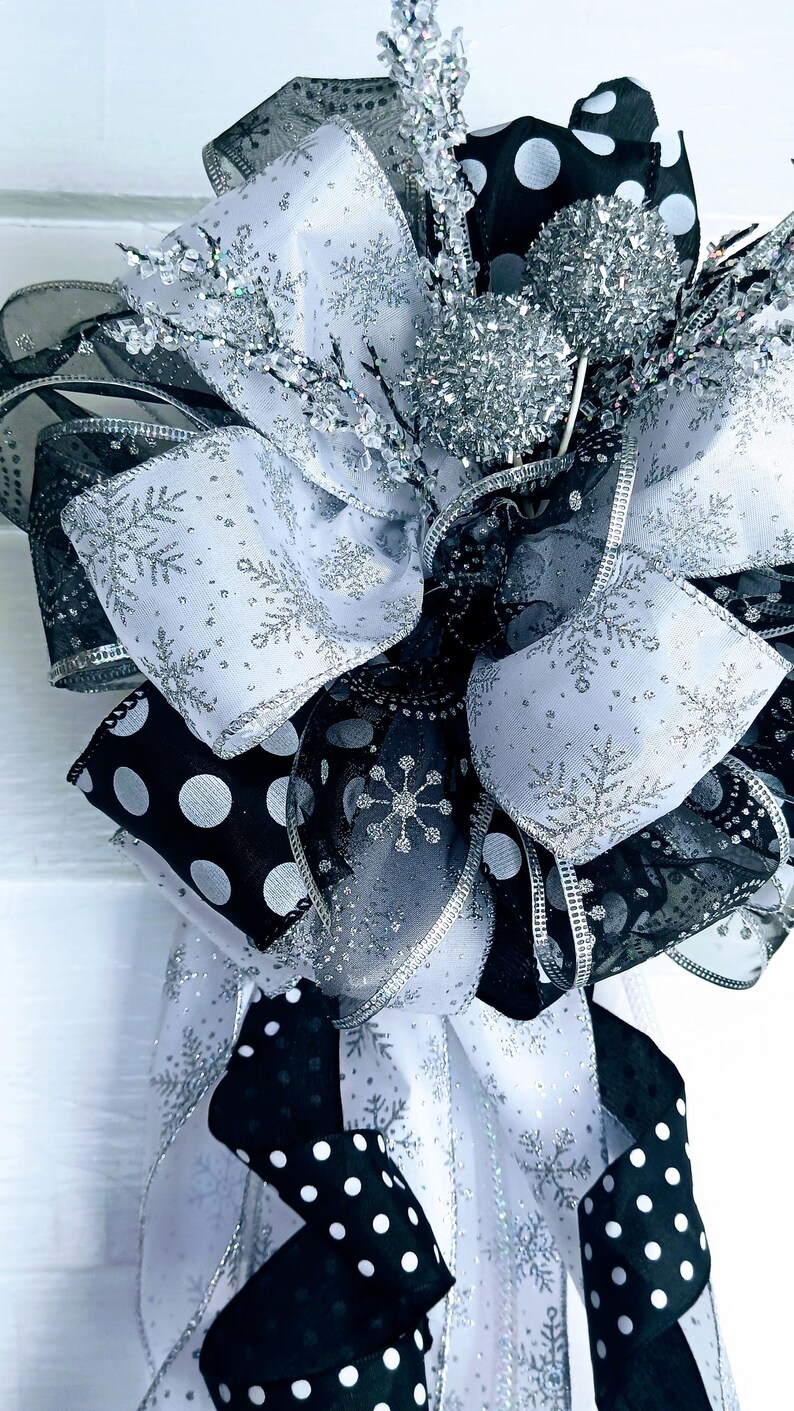Black and White Polka Dot Christmas Tree Topper, Wired Ribbon Holiday