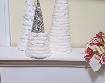 Pearl & Glitter Christmas Tree Cones: Holiday Decor Set of 3, White Ornaments