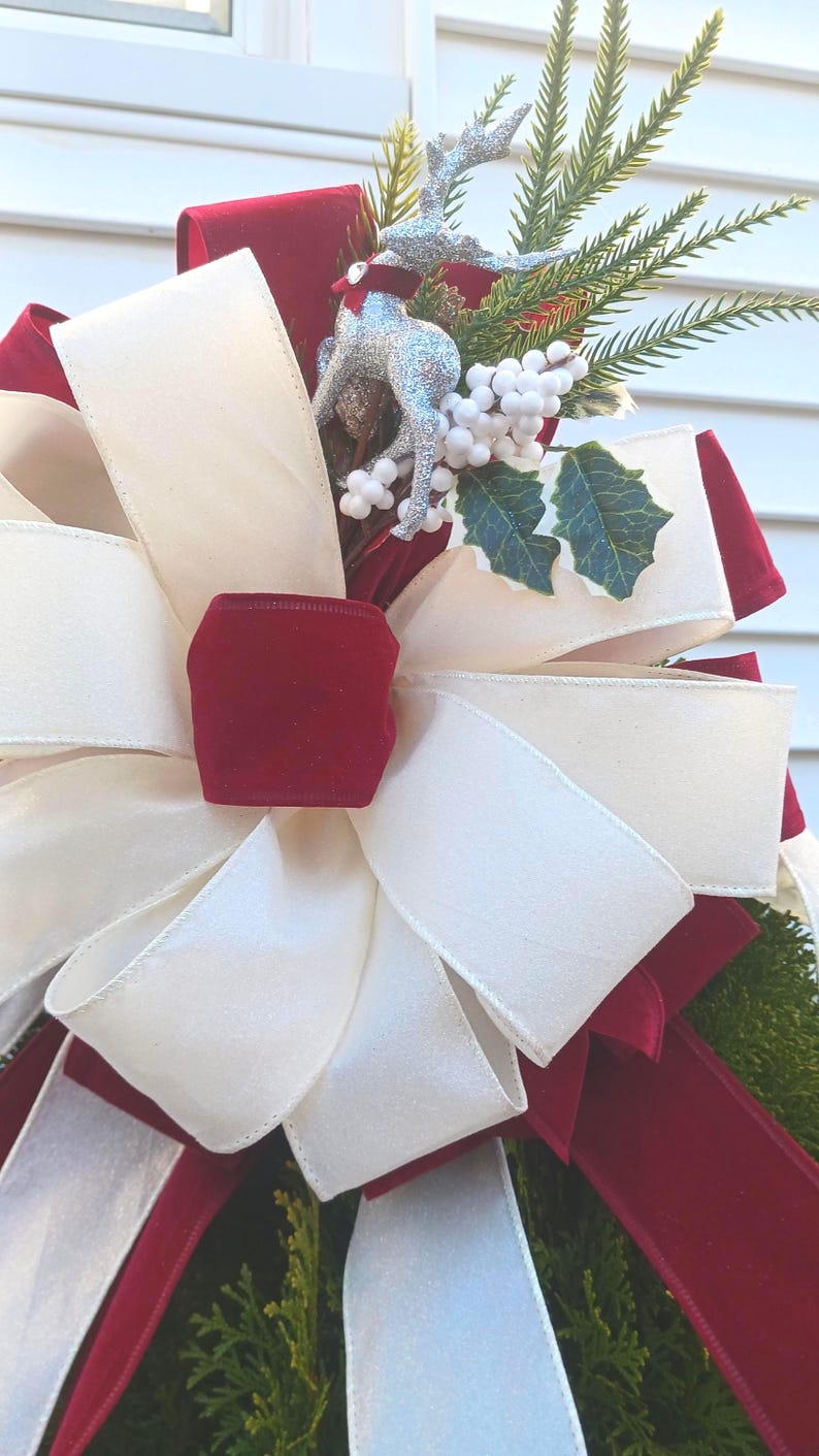 Extra Large Burgundy Velvet Christmas Tree Bow Topper: Reindeer & Ivory ...