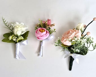 Boutonniere for Prom, White / Ivory, Pink and Peach Pin on Suit Pin
