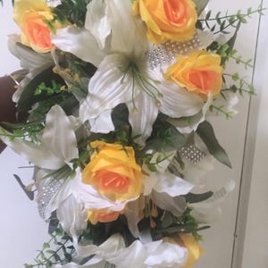 Bridal Bouquet, Lily and Rose Cascading Artificial Wedding Bouquet, 24 Inches Long Floral Arrangement for Bride, Silk Flower Accessory