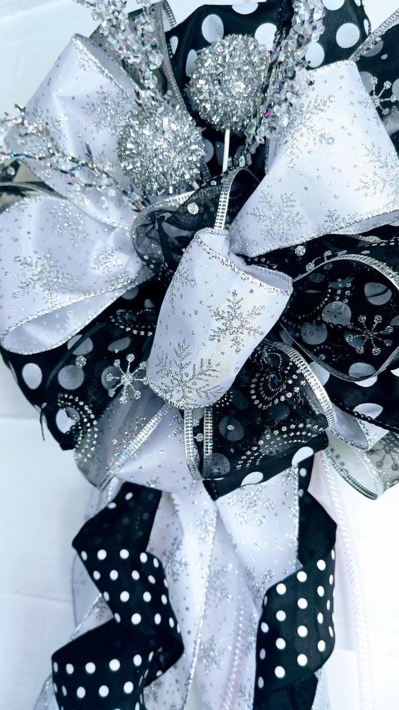 Black and White Polka Dot Christmas Tree Topper, Wired Ribbon Holiday