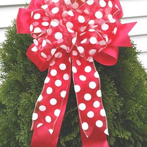Red And White Polka Dot Christmas Tree Topper Bow, Holiday Decoration, Wreath And Garland Decoration, Wired Ribbon Bow