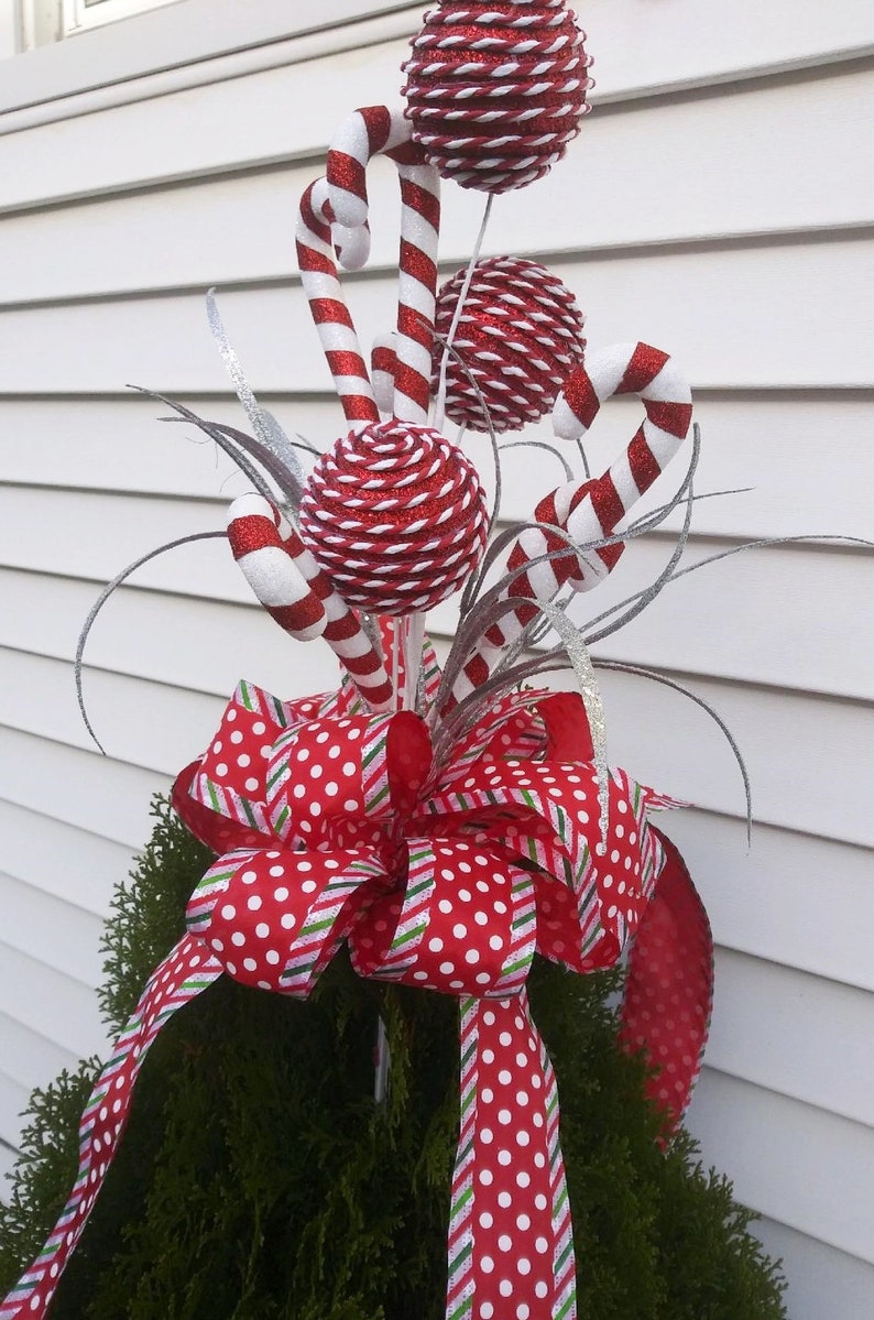 Red And White Candy Cane Tree Topper Bow Christmas Tree Topper Etsy