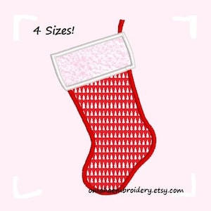 May include: Red and white Christmas stocking with a white fur cuff. The stocking is decorated with a repeating pattern of white Christmas trees. The text "4 Sizes!" is visible in the top left corner of the image.