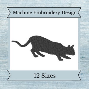 May include: Black cat silhouette embroidery design. The cat is in a stalking pose. The text "Machine Embroidery Design" and "12 Sizes" are displayed in banners above and below the cat image.
