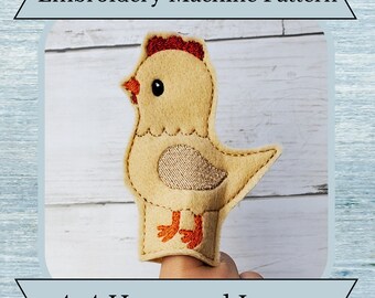 May include: Embroidered chick finger puppet in yellow felt with orange accents. The puppet is designed to fit on a finger and is suitable for a 4x4 hoop or larger embroidery machine.