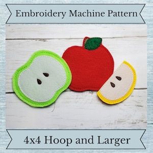 May include: Embroidery machine pattern for three felt apples. A red apple, a green apple, and a yellow apple slice. The pattern is for a 4x4 hoop and larger.