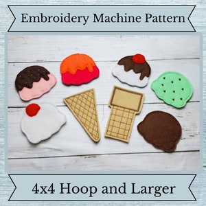 May include: Felt applique patterns for an ice cream cone, scoop of ice cream, and a cherry. The patterns are designed for a 4x4 hoop or larger.