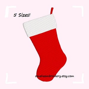 May include: Red and white Christmas stocking with a white cuff. The stocking is empty and has a loop at the top. The text "5 Sizes!" is above the stocking. The text "omahaembroidery.etsy.com" is below the stocking.