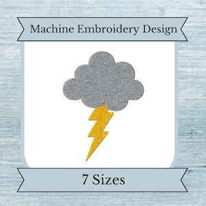 May include: Machine embroidery design of a gray cloud with a yellow lightning bolt underneath. The design is available in 7 sizes.