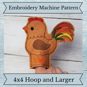 May include: Embroidery machine pattern for a brown rooster finger puppet with a red comb, yellow beak, and green, orange, and yellow tail feathers. The pattern is for a 4x4 hoop and larger.