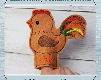 May include: Embroidery machine pattern for a brown rooster finger puppet with a red comb, yellow beak, and green, orange, and yellow tail feathers. The pattern is for a 4x4 hoop and larger.