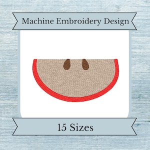 Puede incluir: Diseño de bordado a máquina de una rodaja de manzana roja con dos semillas marrones. El diseño está disponible en 15 tamaños.