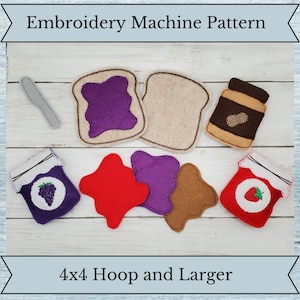 Puede incluir: Patrón de máquina de bordado para un conjunto de alimentos de fieltro, que incluye dos rebanadas de pan, un tarro de mermelada de uva, un tarro de mermelada de fresa, un tarro de mantequilla de cacahuete y dos cucharadas de mermelada y mantequilla de cacahuete. El texto "4x4 Hoop and Larger" está en la parte inferior de la imagen.