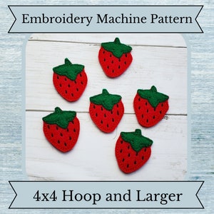 May include: Six red felt strawberry embroidery designs on a white wooden background. The text "4x4 Hoop and Larger" is at the bottom of the image.