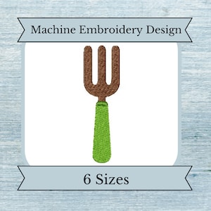 May include: Machine embroidery design of a brown garden fork with a green handle. The design is available in 6 sizes.