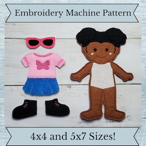 ITH Felt Doll Pattern - Paper Doll Style - Machine Embroidery Design - 4x4 and 5x7 Hoop Sizes - Instant Download Design - Alayah