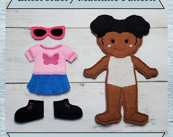 ITH Felt Doll Pattern - Paper Doll Style - Machine Embroidery Design - 4x4 and 5x7 Hoop Sizes - Instant Download Design - Alayah