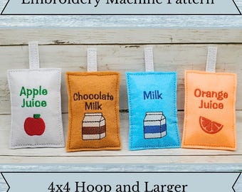 ITH Drink Boxes Pattern - Play Food - Machine Embroidery Design - 4x4 Hoop and Larger- Instant Download - Imaginative Play - Juice Box